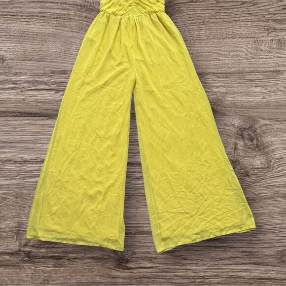ASOS Bandeau Yellow Sleeveless Wide Leg Jumpsuit Chiffon Ruched Body - Picture 6 of 12